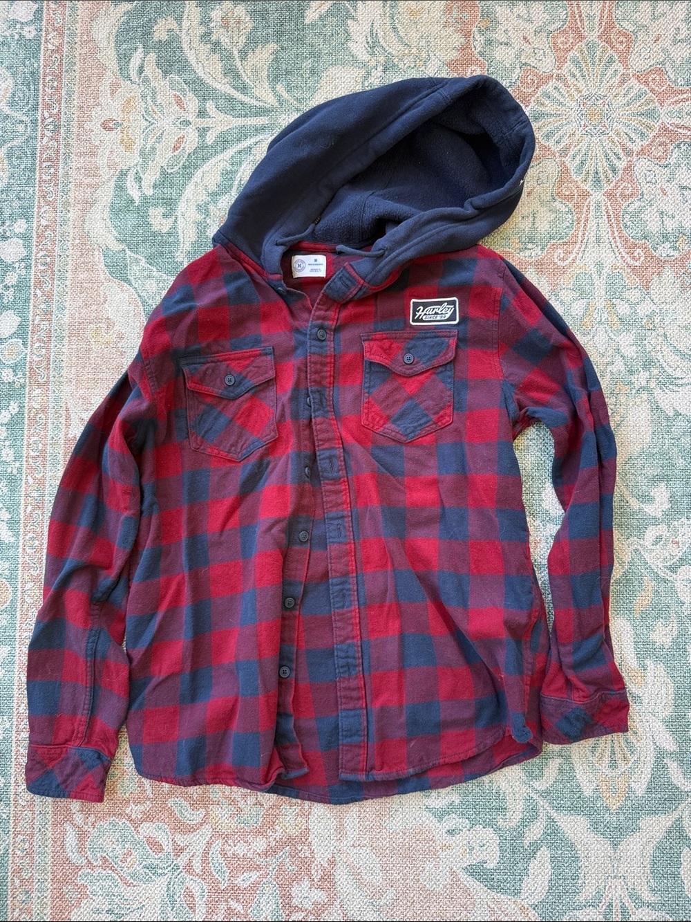 Hurley Red and Navy Hooded Plaid Button-Down Shirt